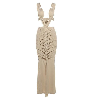 O ring textured hollow out self tie ruched tank cut out maxi dress-final-sale