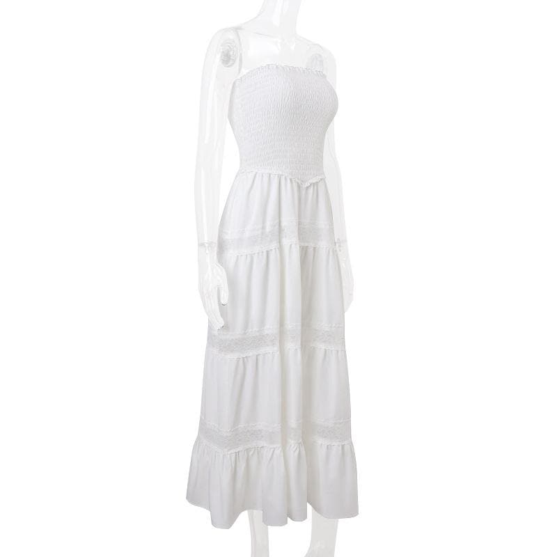 Smocked ruched lace patchwork tube midi dress