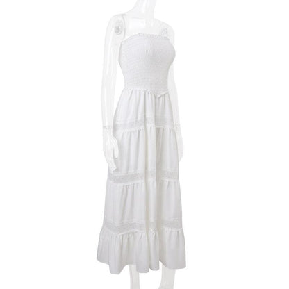 Smocked ruched lace patchwork tube midi dress