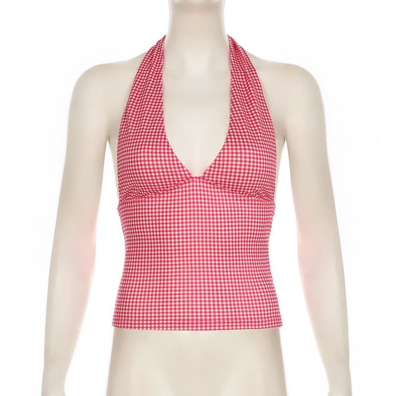 V neck halter polka dot print backless top