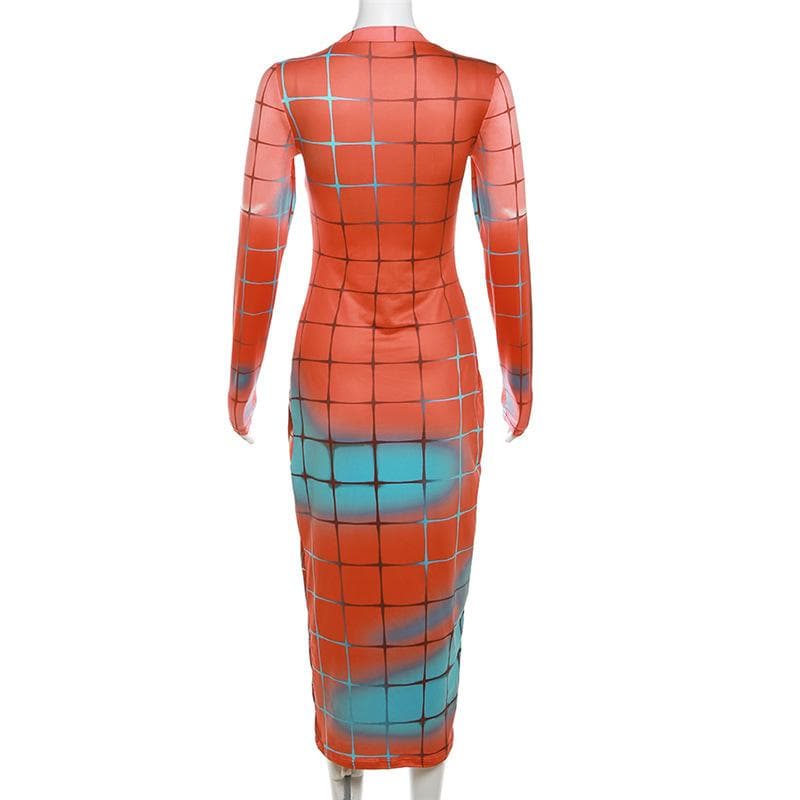 Long Sleeve Crewneck Grid Body Print Color Block Bodycon Maxi Dress