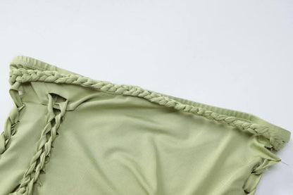 Long sleeve solid hollow out round neck ruched crop top skirt set-final-sale