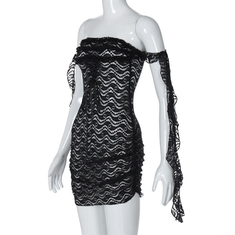 Off shoulder ruffle lace bowknot see through mini dress