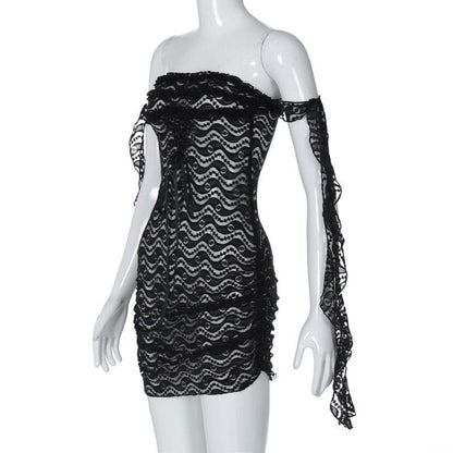 Off shoulder ruffle lace bowknot see through mini dress