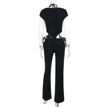Halter o ring self tie hollow out jumpsuit