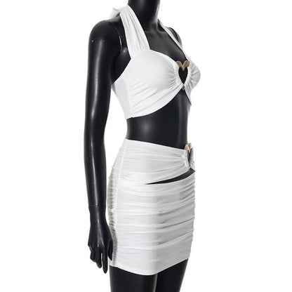 Halter hollow out sweetheart ring mini skirt set
