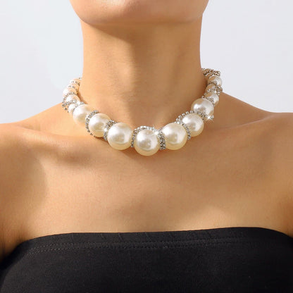 Faux pearl rhinestone beaded choker necklace
