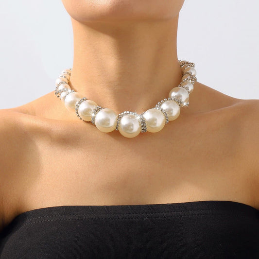 Faux pearl rhinestone beaded choker necklace