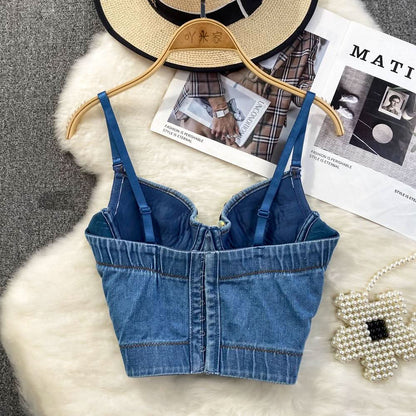 Beaded denim v neck backless cami top