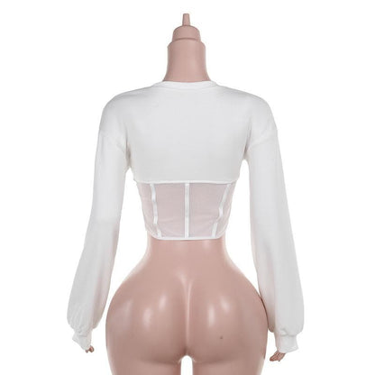 Long sleeve crewneck corset patchwork crop top