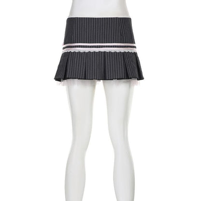 Bowknot lace hem pleated button striped print mini skirt
