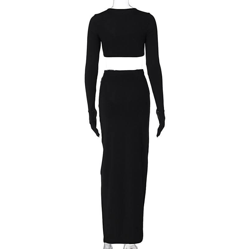 Long sleeve crewneck gloves hollow out solid maxi skirt set-final-sale
