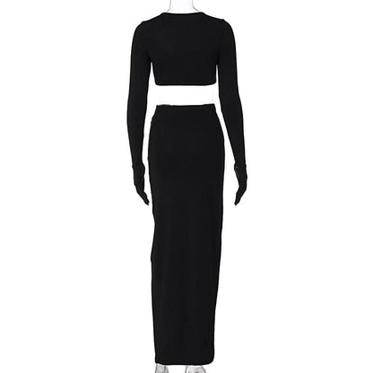 Long sleeve crewneck gloves hollow out solid maxi skirt set-final-sale