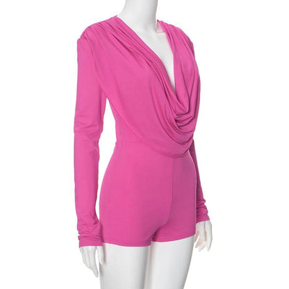 Cowl neck low cut long sleeve ruched solid romper