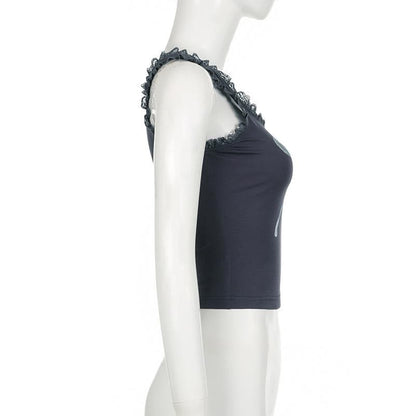 U neck lace hem bowknot pattern contrast tank top