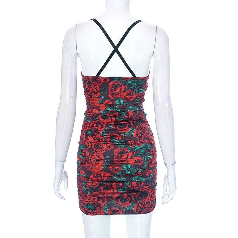 Floral Print Sweetheart Lace Trim Ruched Bodycon Cami Mini Dress