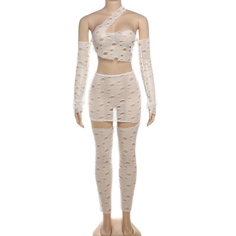 Hollow out one shoulder irregular long sleeve pant set