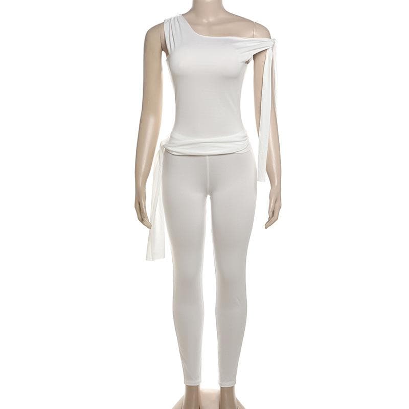 One shoulder self tie irregular solid high rise pant set