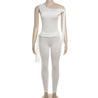 One shoulder self tie irregular solid high rise pant set