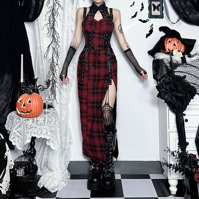 Hollow out plaid print lace up lace slit cut out midi dress