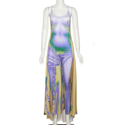 Body pattern u neck ruffle backless contrast cami maxi dress-final-sale