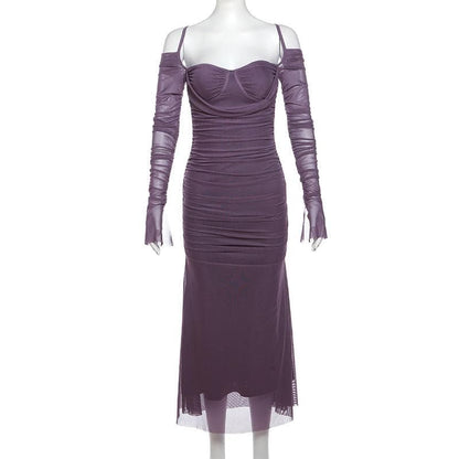 Long sleeve mesh ruched off shoulder cami midi dress