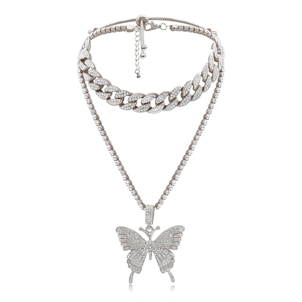 Butterfly pendant rhinestone cuban 2pcs necklace