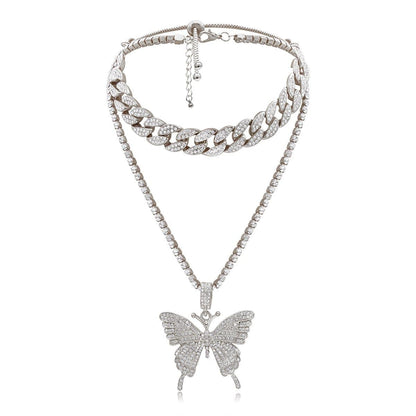Butterfly pendant rhinestone cuban 2pcs necklace