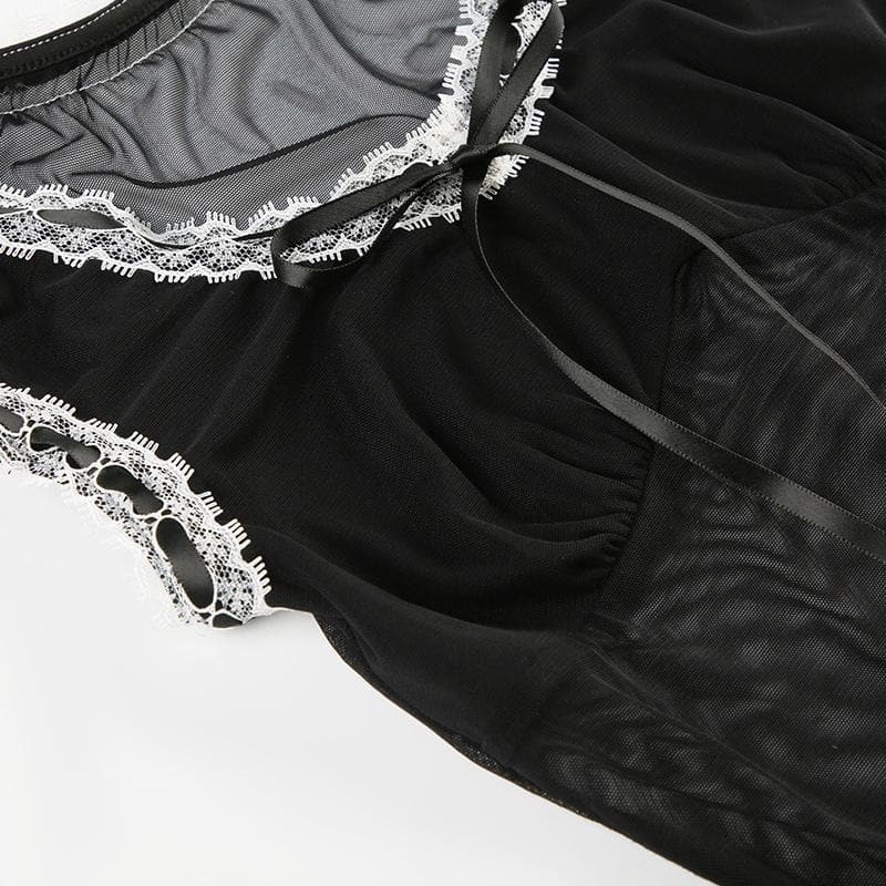 Lace hem mesh bowknot ribbon ruffle top