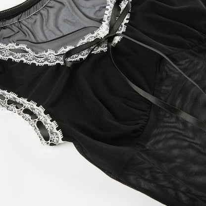 Lace hem mesh bowknot ribbon ruffle top