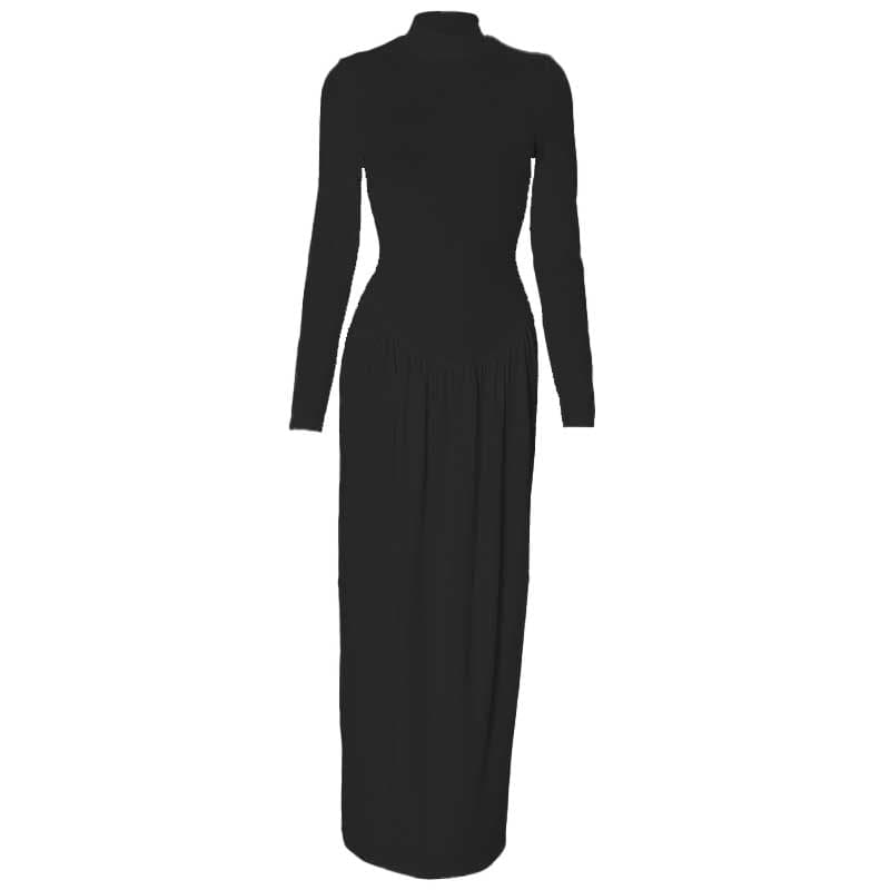 High neck long sleeve ruched maxi dress