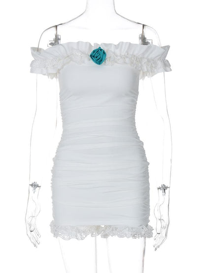 Off shoulder lace hem rose applique 2 piece mini dress