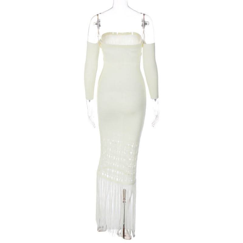 Sweetheart neck off shoulder tassels knitted maxi dress