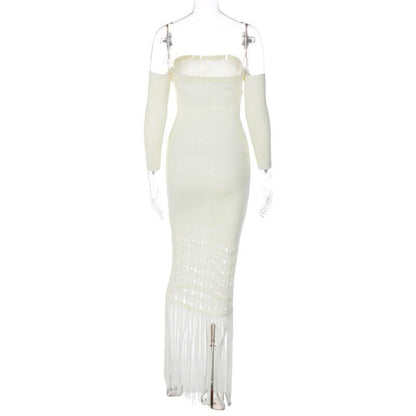 Sweetheart neck off shoulder tassels knitted maxi dress