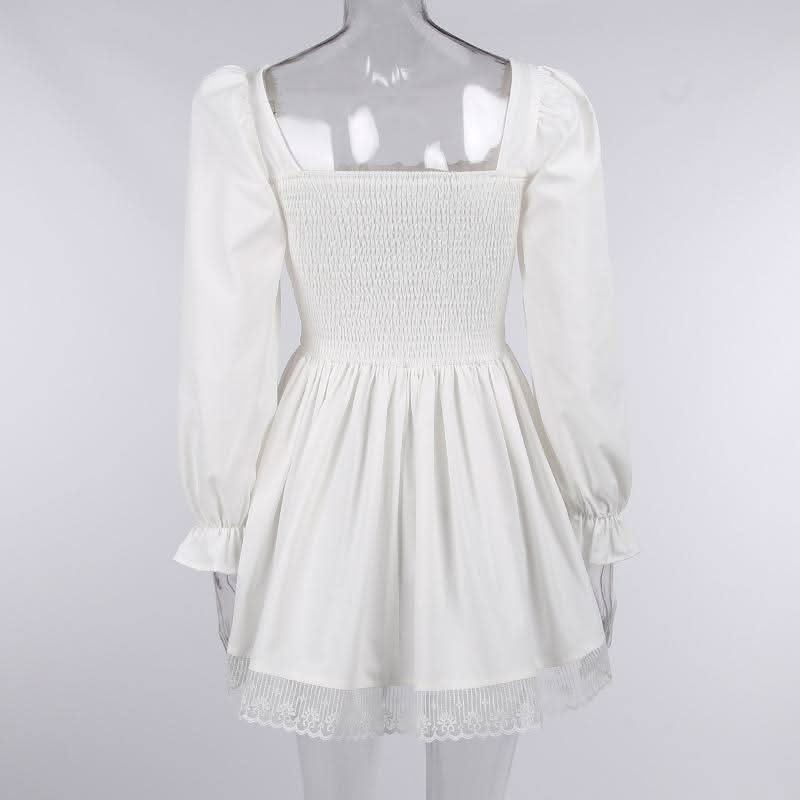 Long sleeve smocked lace up lace hem mini dress