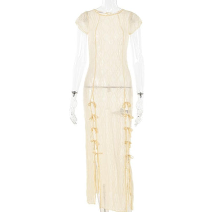 Sheer Diamond Mesh Cap Sleeve Side Bow Tie Slit Maxi Dress