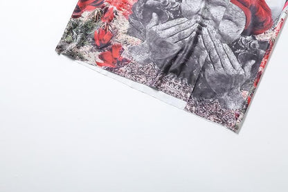 Irregular print contrast drawstring ruched high slit hollow out cut out maxi dress