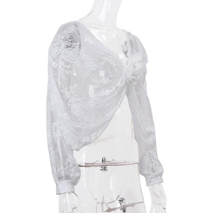 Long puff sleeve lace see through flower applique backless crop top