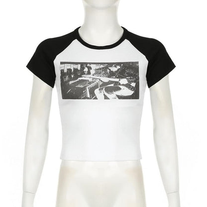 Short sleeve crewneck ribbed print top
