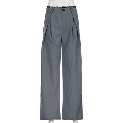 Lace hem button ruched low rise straight leg pant