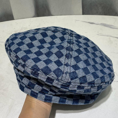 Plaid contrast denim beret hat