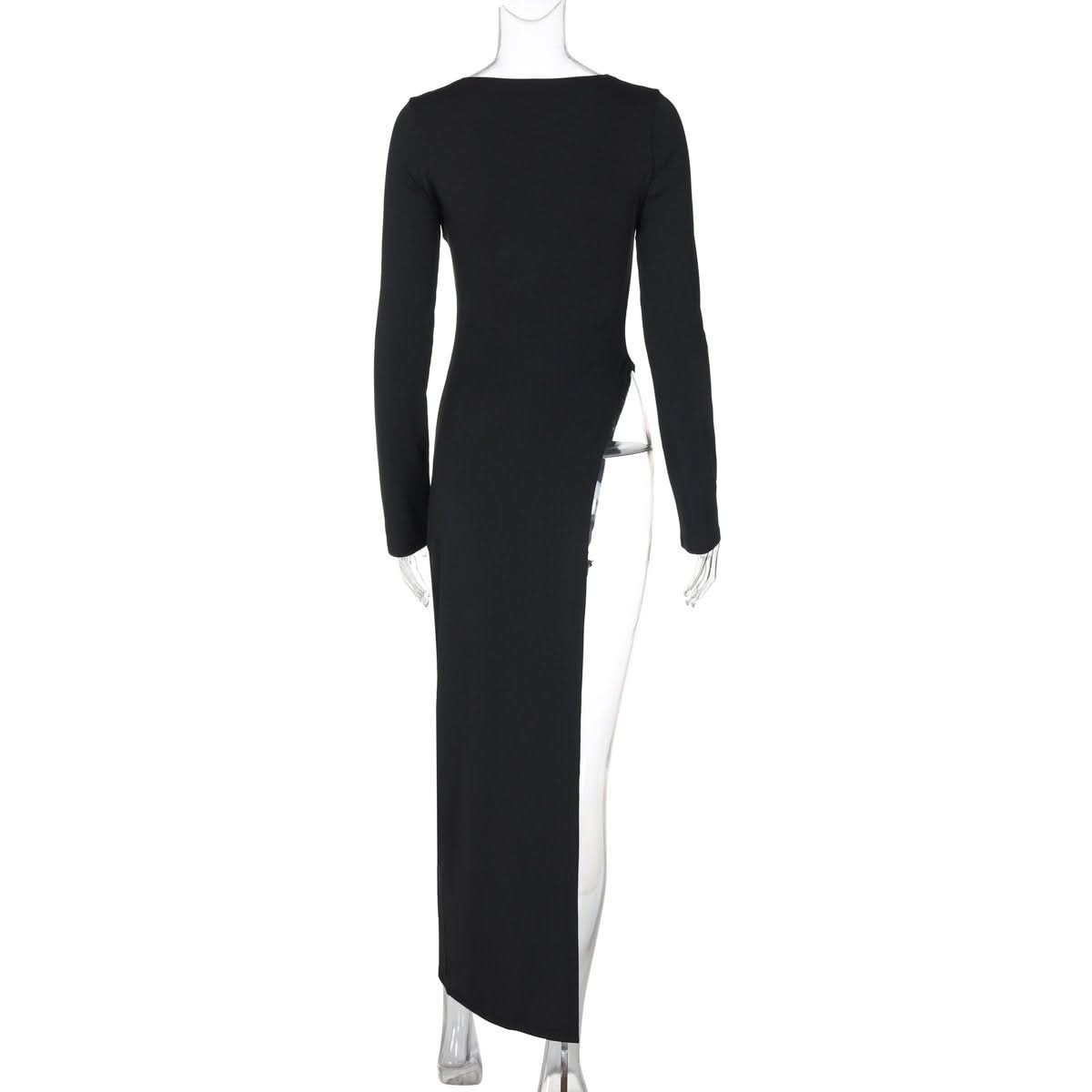 Long sleeve round neck slit solid maxi dress