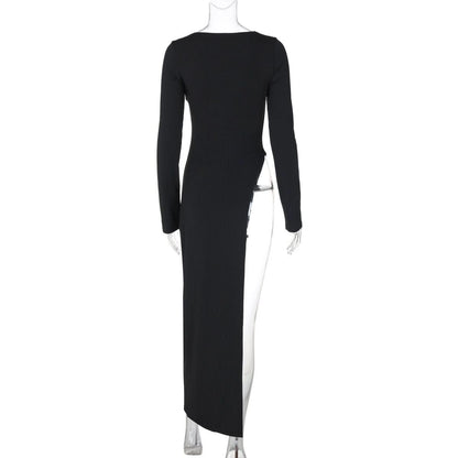 Long sleeve round neck slit solid maxi dress