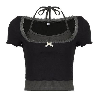 Short sleeve halter lace hem bowknot ribbed 2 piece top