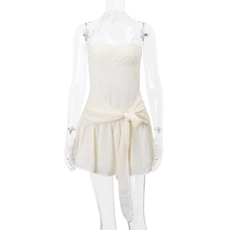 Halter sweetheart neck chiffon ruched bowknot zip-up mini dress