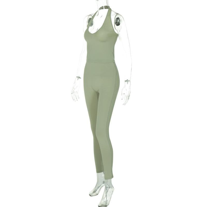 Halter u neck solid backless pant set