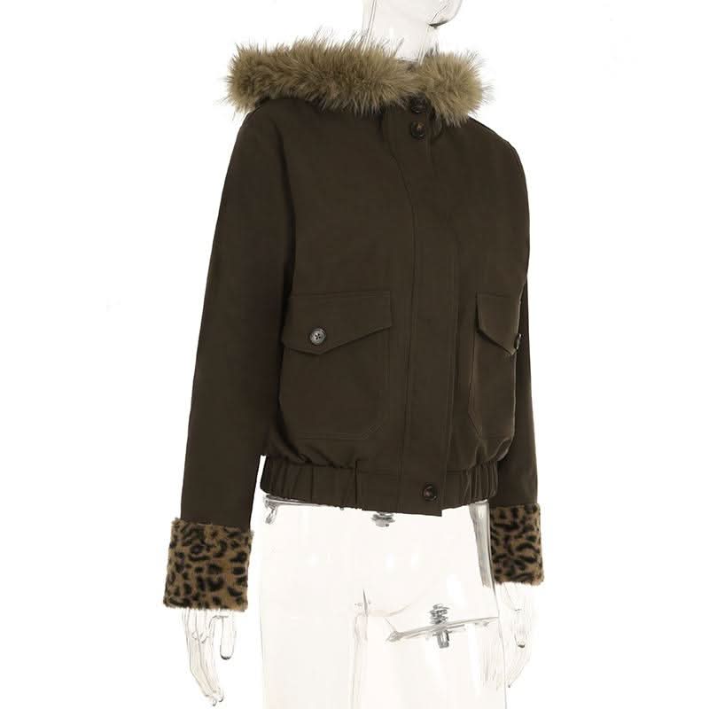 Fluffy hoodie long sleeve leopard print pocket zip-up top