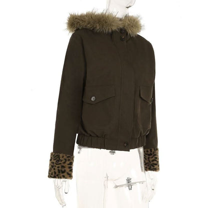 Fluffy hoodie long sleeve leopard print pocket zip-up top