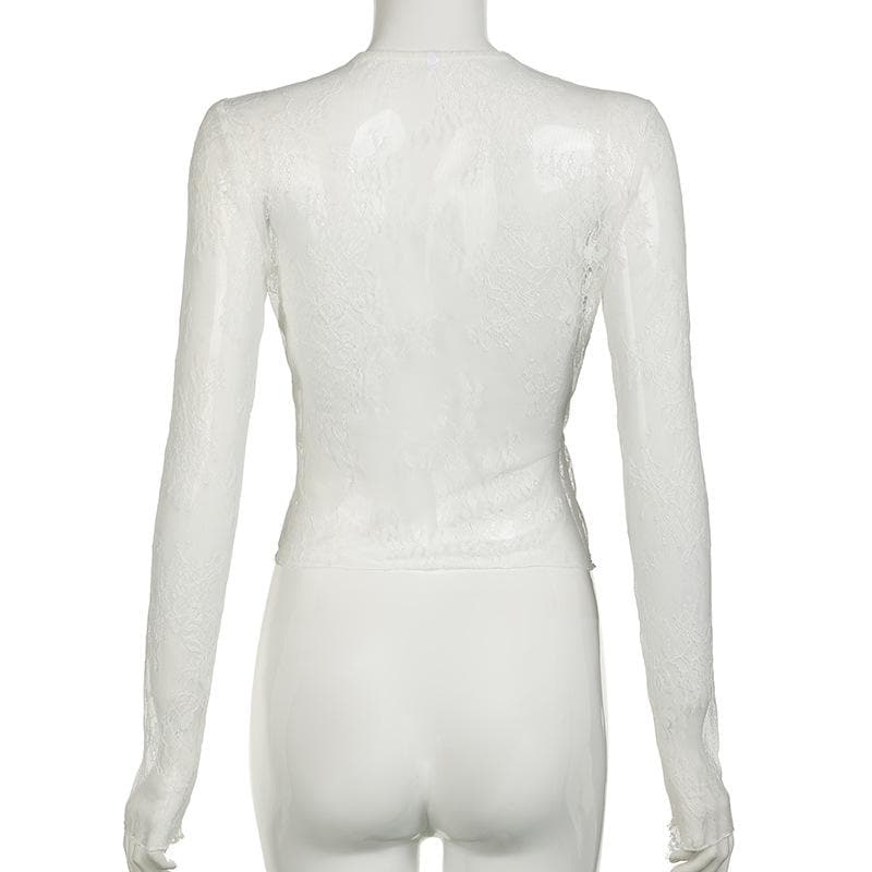 Long sleeve lace see through self tie top