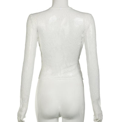 Long sleeve lace see through self tie top
